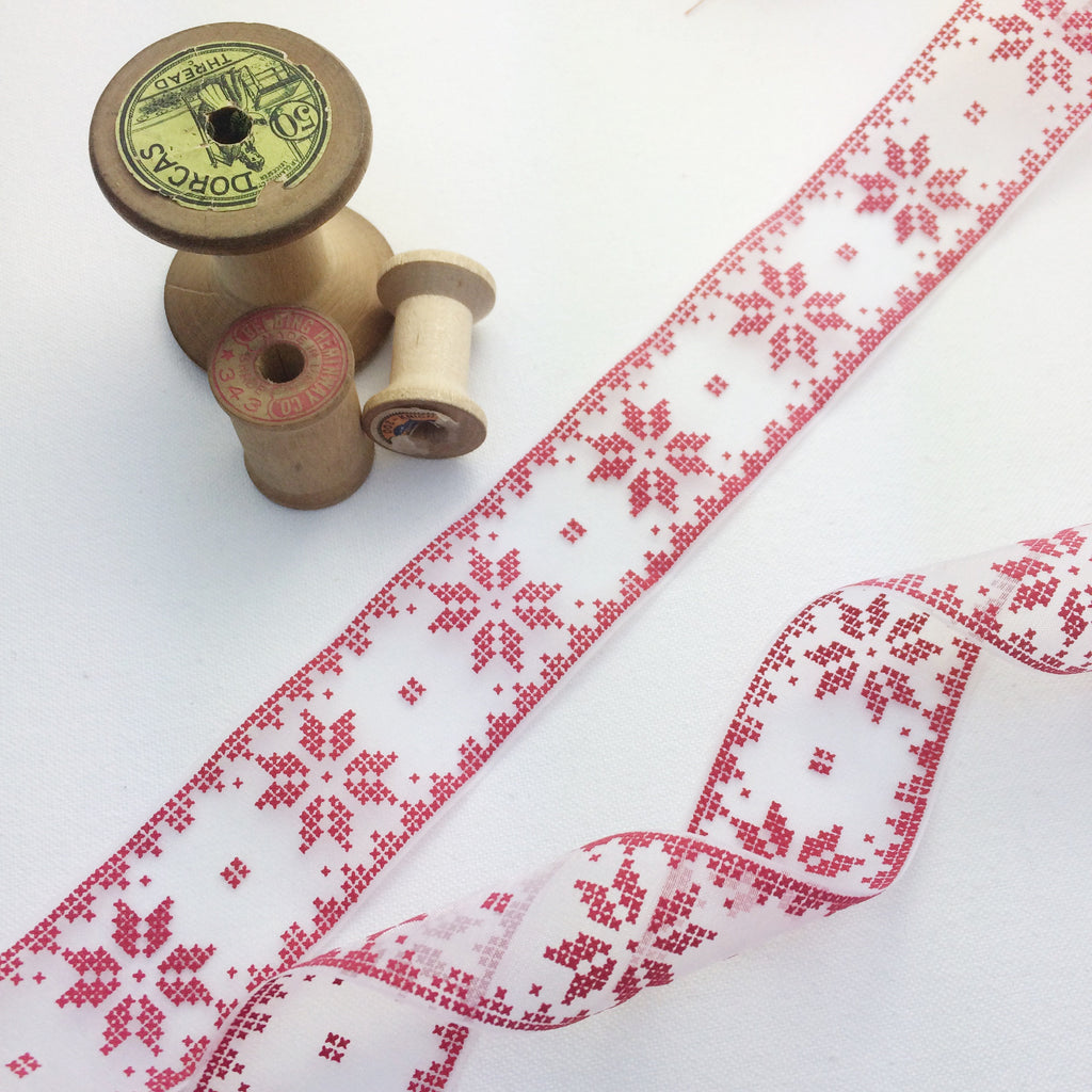 Sheer Red Scandinavian Snowflake Ribbon. - StitchKits Crafts