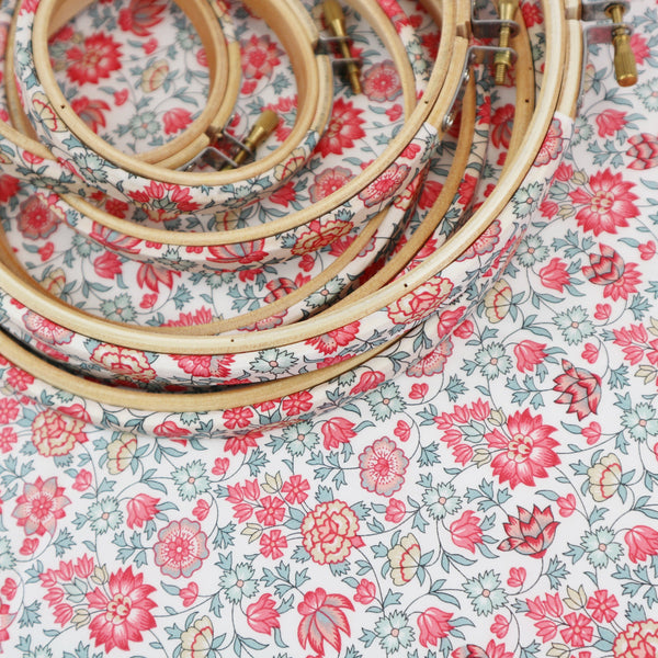 Coral Flower Print Liberty Tana Lawn Fabric Wrapped Embroidery Hoops - StitchKits Crafts
