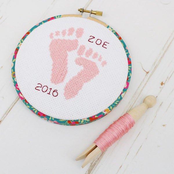 Pink 'Baby Feet' Cross Stitch Hoop Kit - StitchKits Crafts