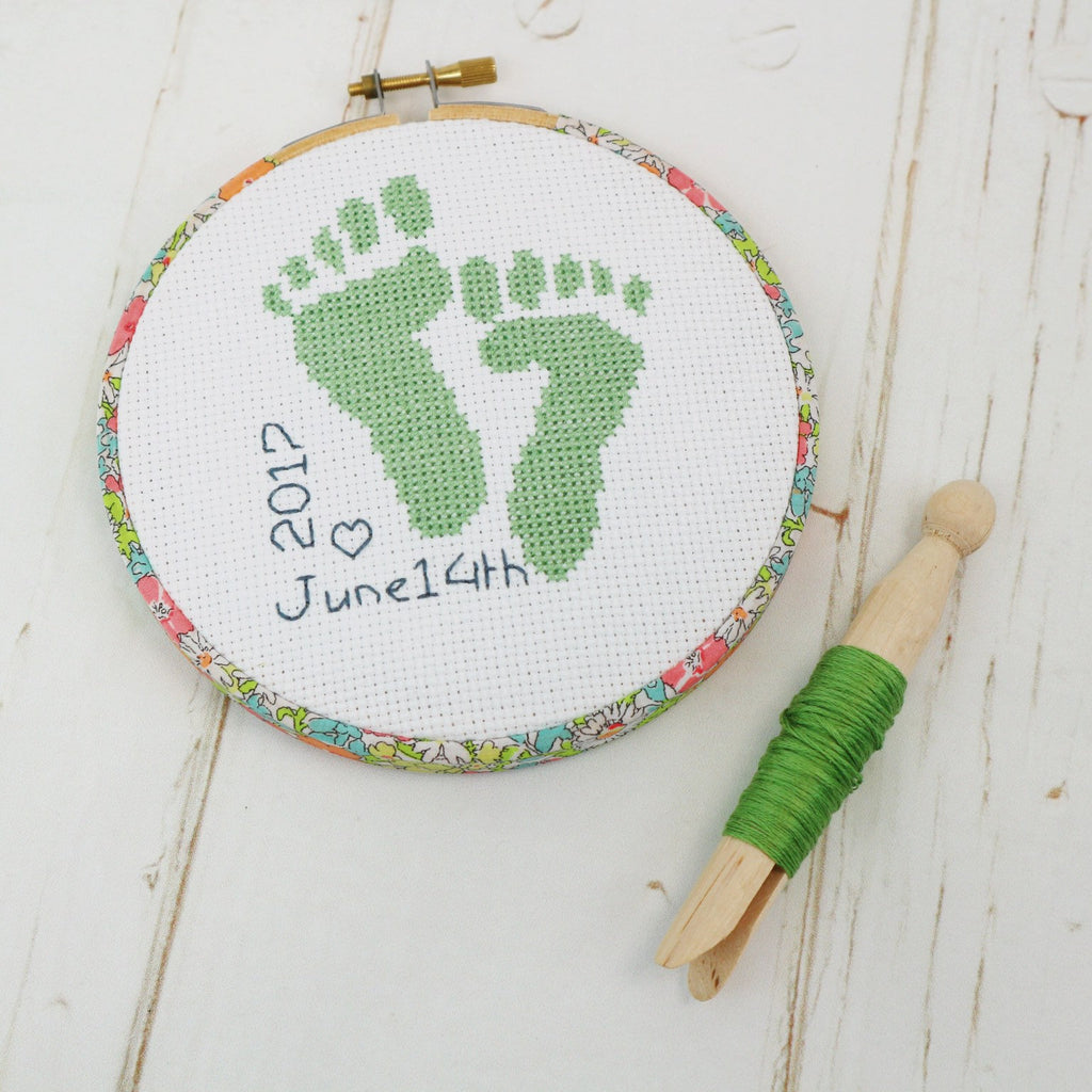 Green 'Baby Feet' Cross Stitch Hoop Kit