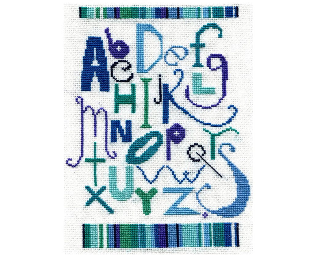 Blue Alphabet Sampler Cross Stitch Kit - StitchKits Crafts