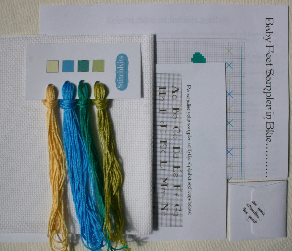 Baby Boy Cross Stitch Kit, 'Love' Baby Feet Sampler - StitchKits Crafts