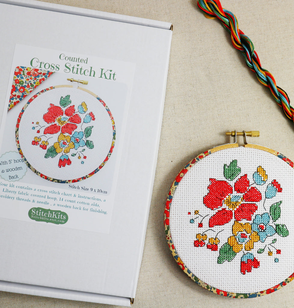 5 inch Floral Embroidery Hoop Wall Hanging Cross Stitch Kit - StitchKits Crafts