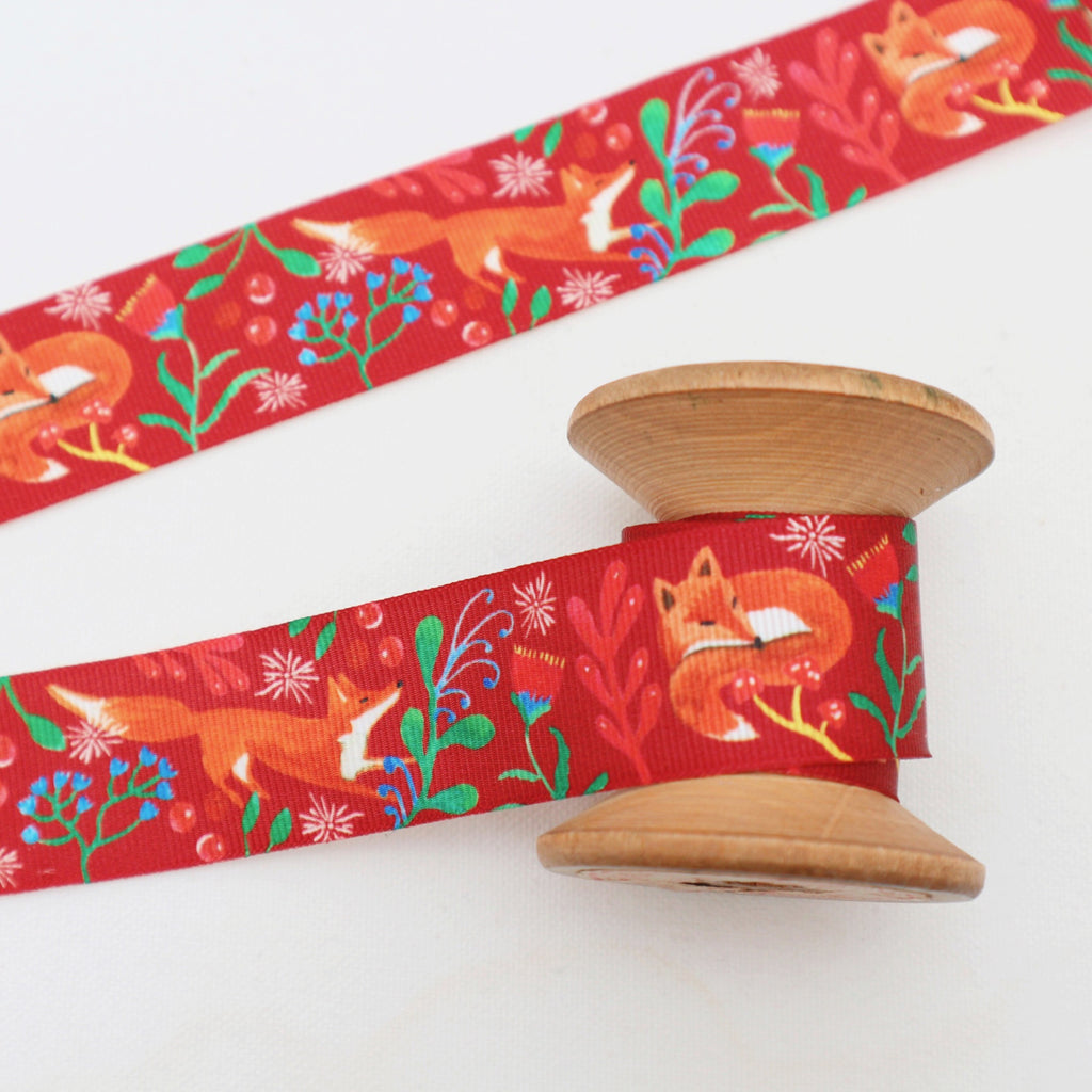 25mm wide woodland fox ribbon on a vintage cotton reel