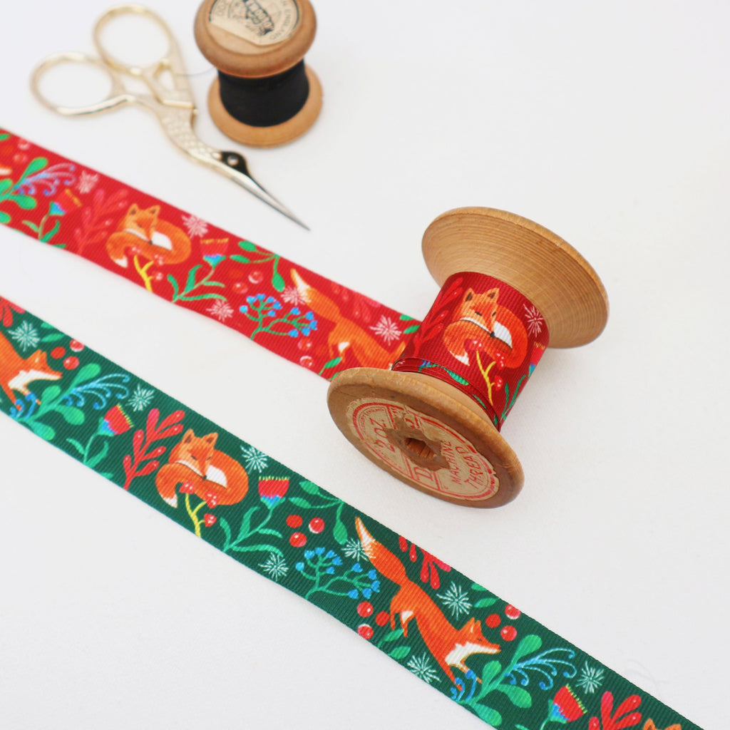 Red and Green woodland ribbon with flowers and berries