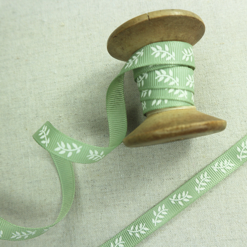 sage green grosgrain ribbon with fern print