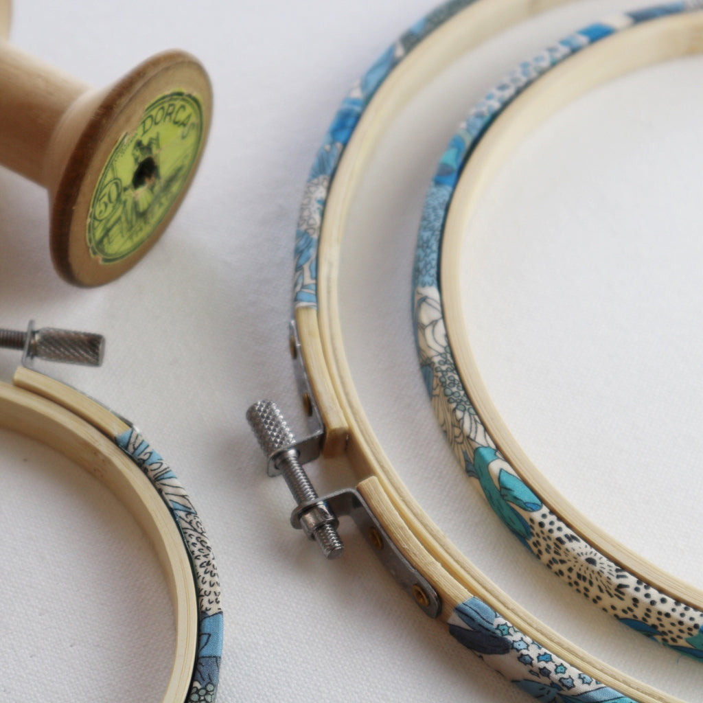 Blue 'Susanna' Liberty Fabric Tana Lawn Wrapped Embroidery Hoops - StitchKits Crafts