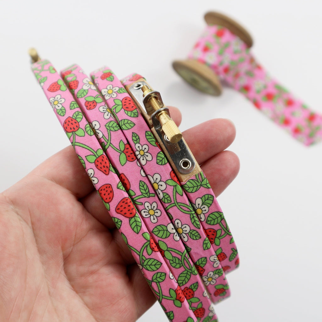 liberty strawberries abd cream Tana Lawn covered embroidery hoops