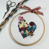 Love heart cross stitch in embroidery hoop, with flowers, berries and insects. 